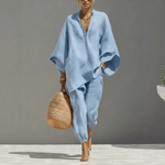 Melissa™ | Conjunto Premium de Linho Manga Ampla e Decote V - | Benedita Lisboa