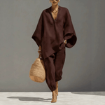 Melissa™ | Conjunto Premium de Linho Manga Ampla e Decote V - | Benedita Lisboa