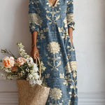 Mónica™ | Vestido Boho Longo Azul-Ganga com Flores - Vestido | Benedita Lisboa