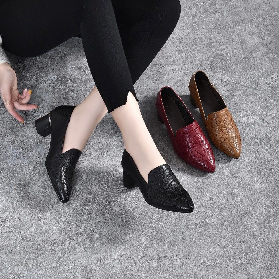 Olene™ | Sapatos de Salto em Pele Vegan com Bordado Suave - | Benedita Lisboa