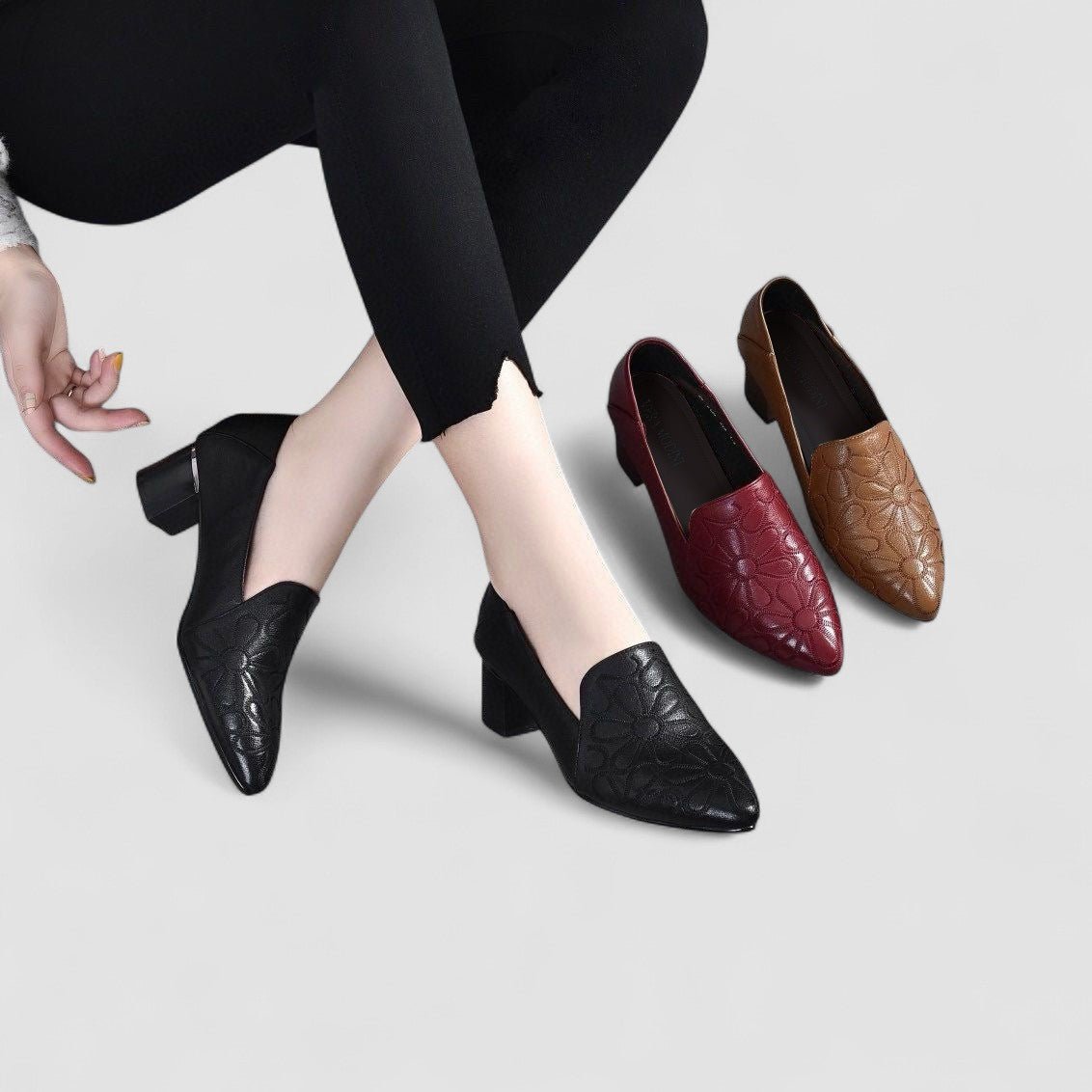 Olene™ | Sapatos de Salto em Pele Vegan com Bordado Suave - | Benedita Lisboa