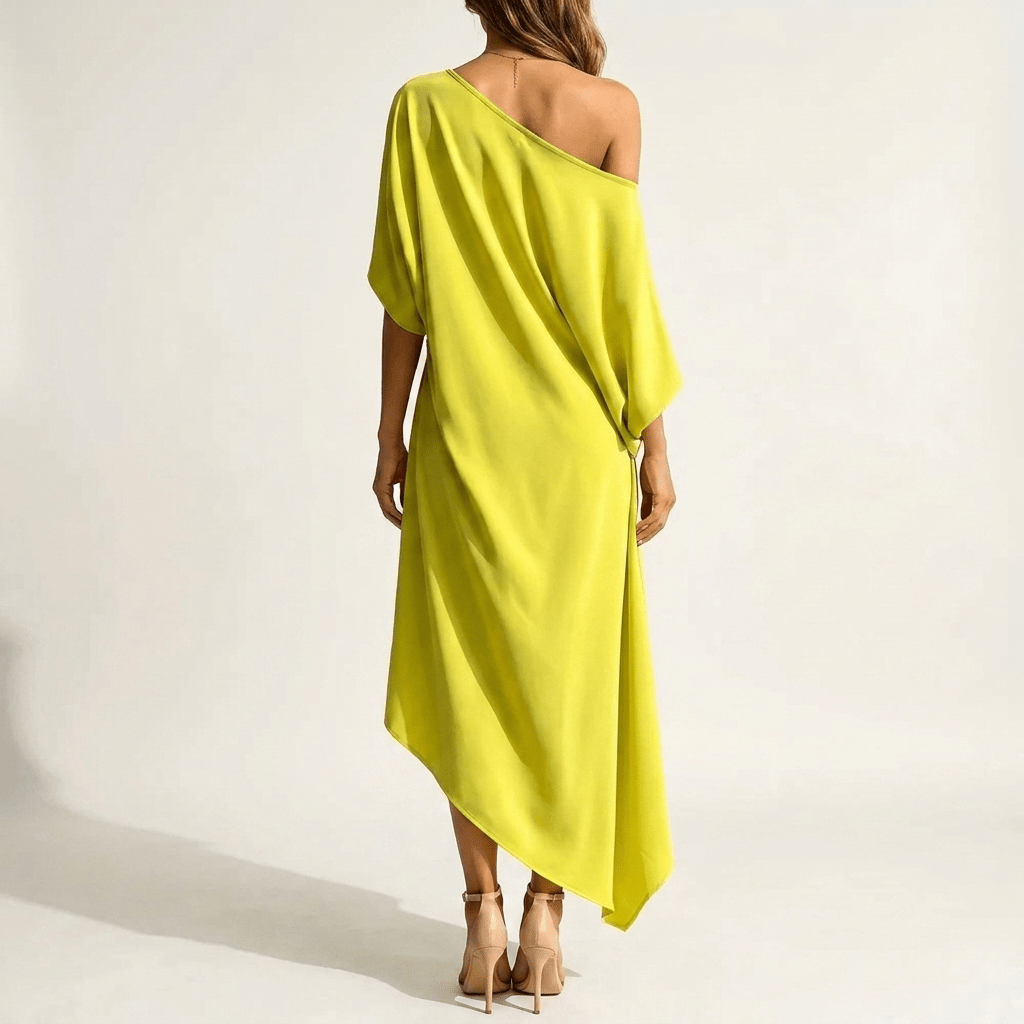 Olga™ | Vestido Midi Assimétrico com Ombro Descoberto - Dresses | Benedita Lisboa