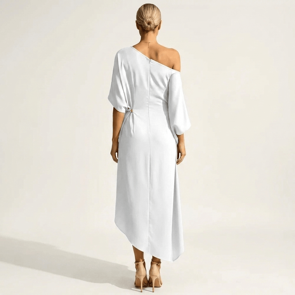 Olga™ | Vestido Midi Assimétrico com Ombro Descoberto - Dresses | Benedita Lisboa