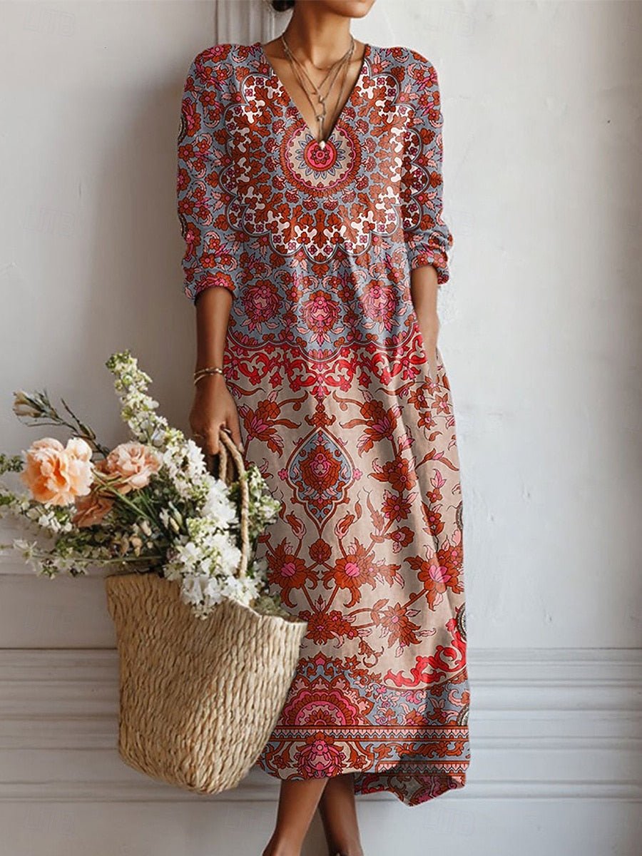 Patrícia™ | Vestido Boho Longo Vermelho Estampado - Vestido | Benedita Lisboa