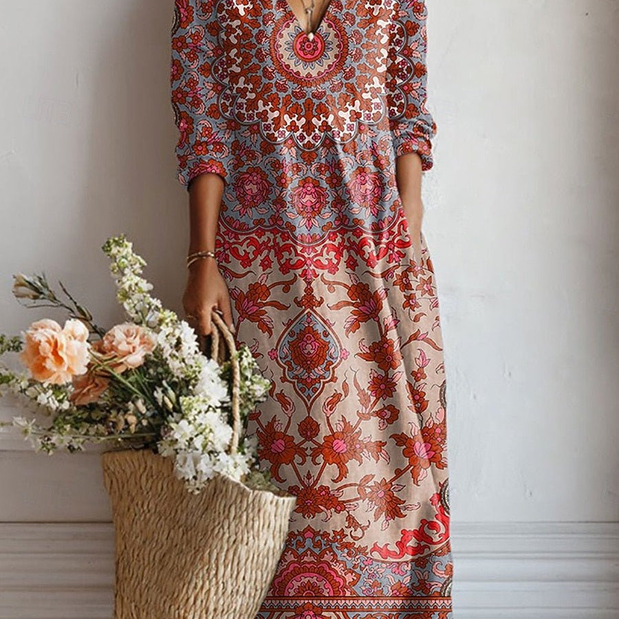 Patrícia™ | Vestido Boho Longo Vermelho Estampado - Vestido | Benedita Lisboa