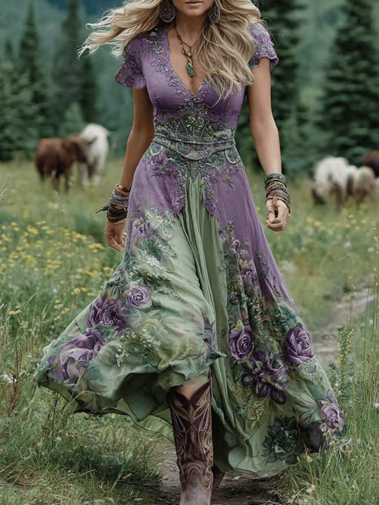Serena™ | Vestido Maxi Curto Floral Lavanda com Toque Sofisticado - | Benedita Lisboa