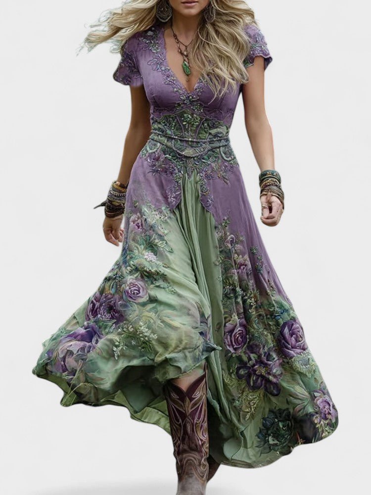 Serena™ | Vestido Maxi Curto Floral Lavanda com Toque Sofisticado - | Benedita Lisboa