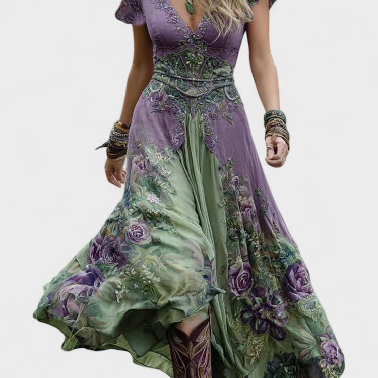 Serena™ | Vestido Maxi Curto Floral Lavanda com Toque Sofisticado - | Benedita Lisboa