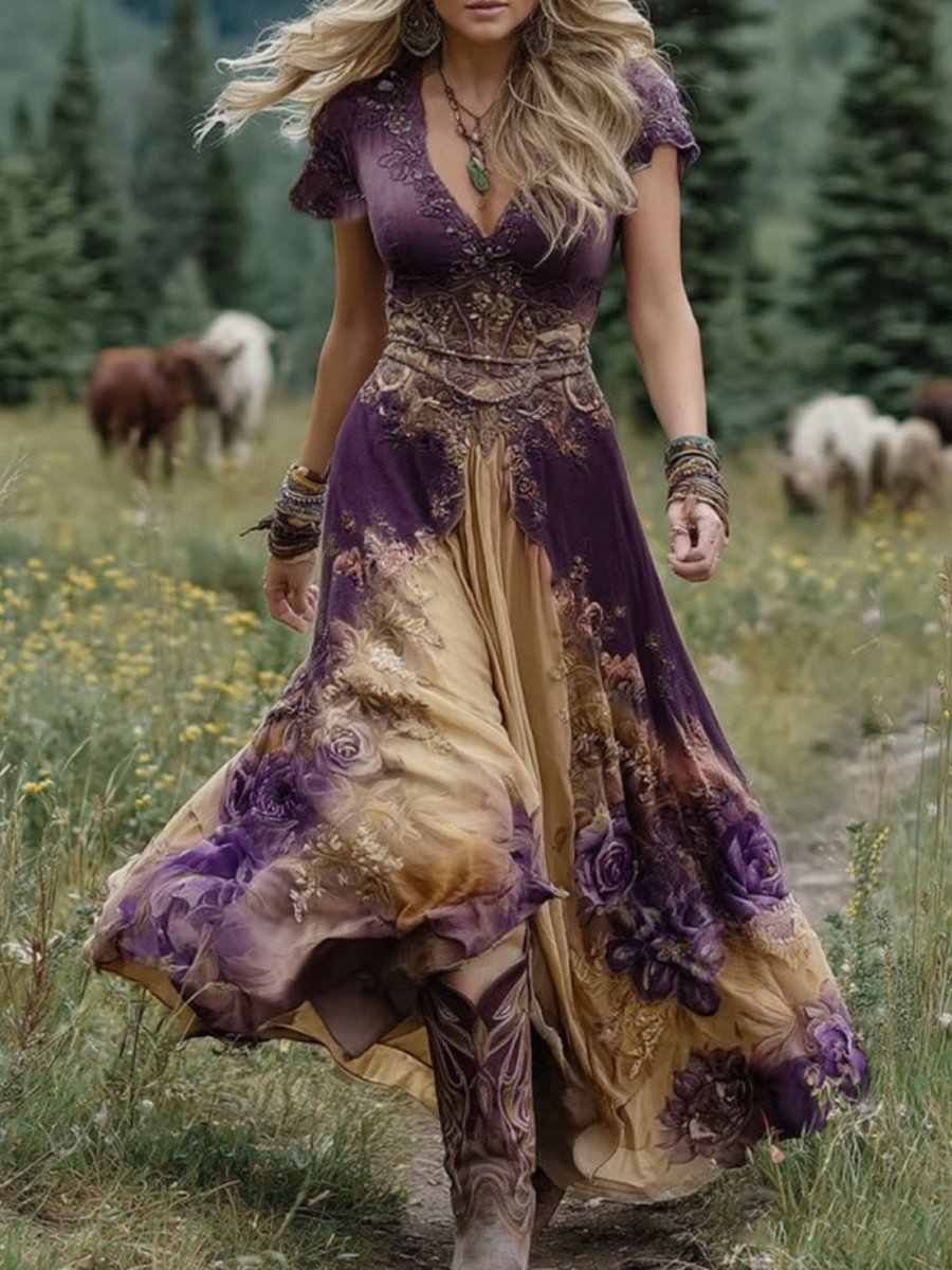 Serena™ | Vestido Maxi Curto Floral Lavanda com Toque Sofisticado - | Benedita Lisboa