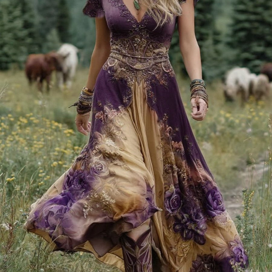 Serena™ | Vestido Maxi Curto Floral Lavanda com Toque Sofisticado - | Benedita Lisboa