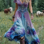 Serena™ | Vestido Maxi Curto Floral Lavanda com Toque Sofisticado - | Benedita Lisboa