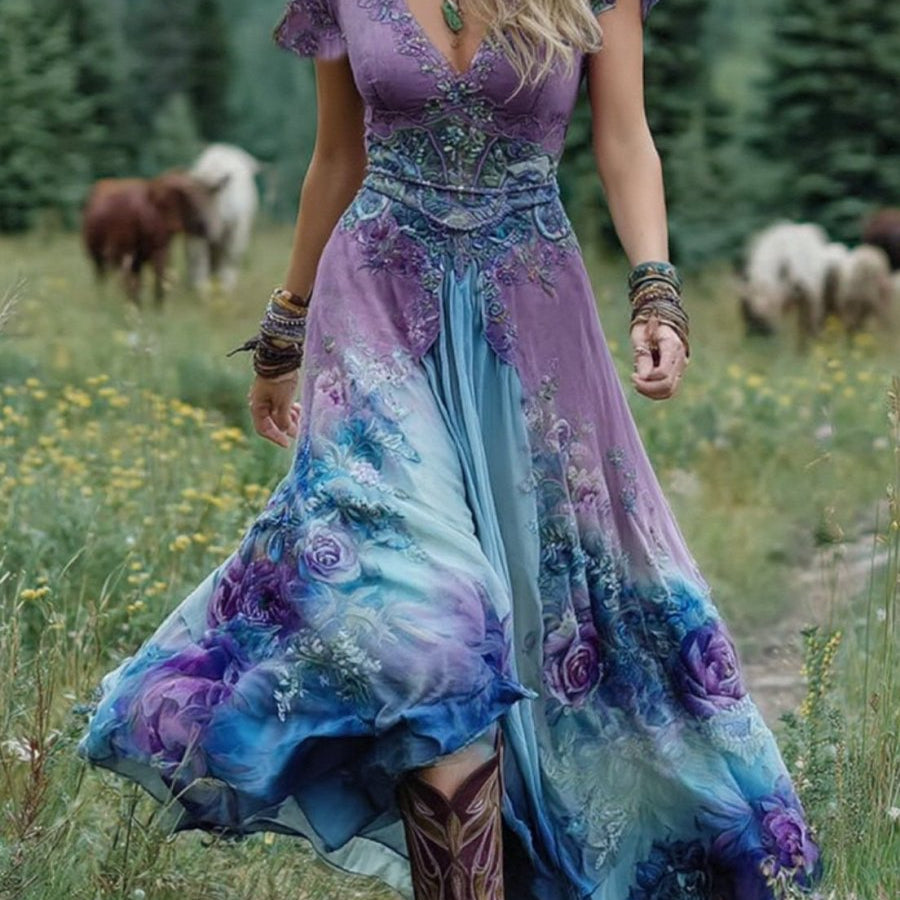 Serena™ | Vestido Maxi Curto Floral Lavanda com Toque Sofisticado - | Benedita Lisboa