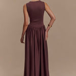 Sharon™ | Vestido midi em malha de esparguete - Castanho cacau - | Benedita Lisboa
