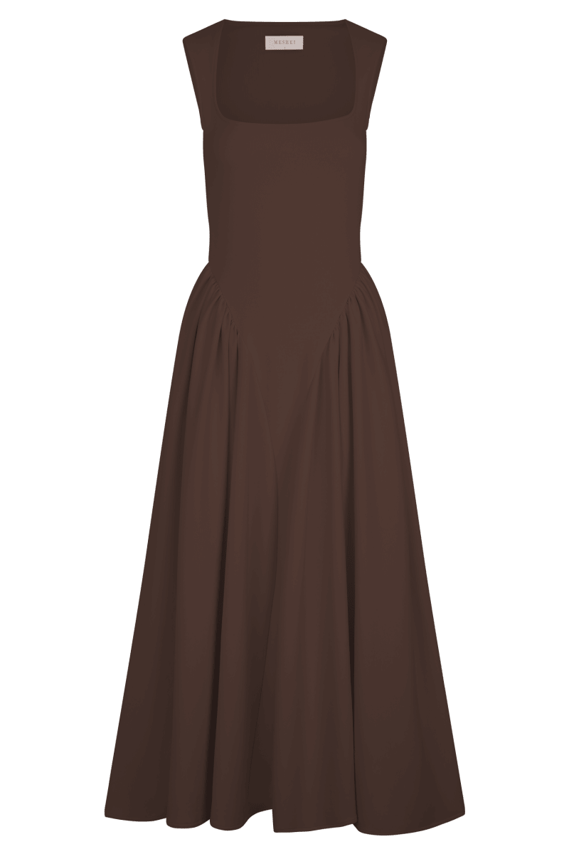 Sharon™ | Vestido midi em malha de esparguete - Castanho cacau - | Benedita Lisboa