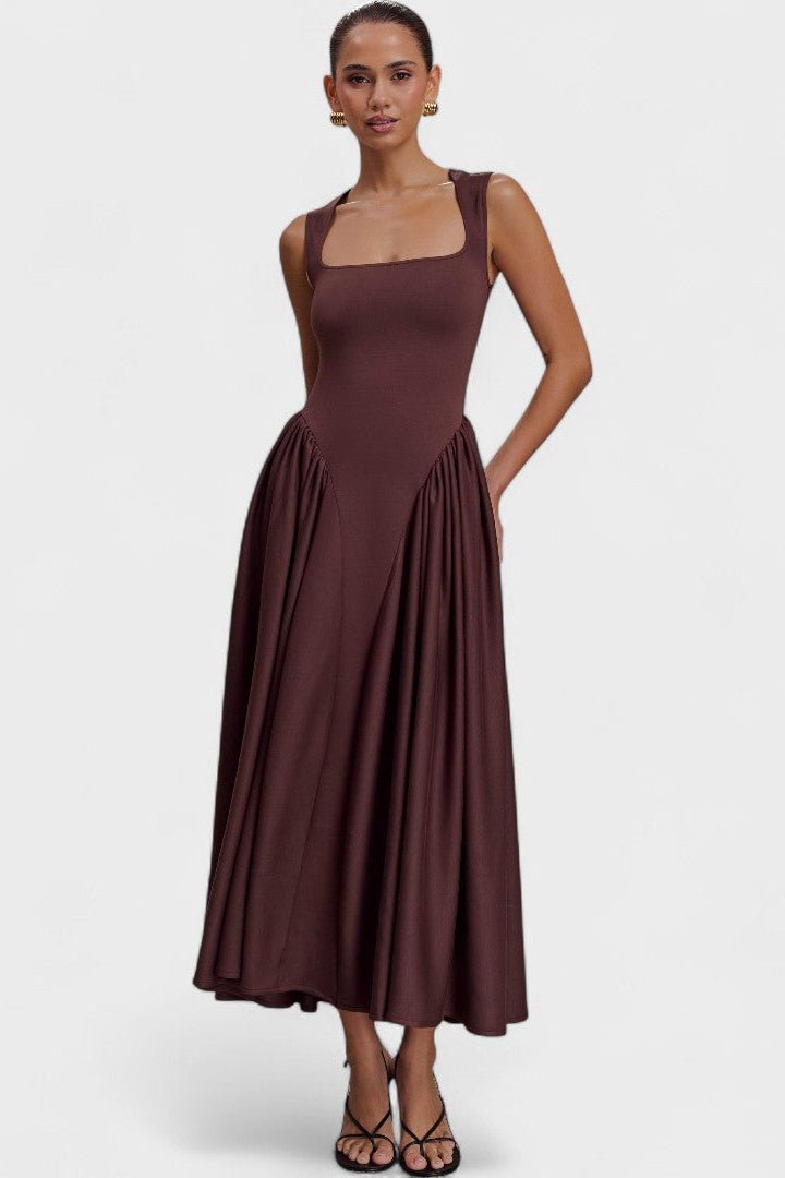 Sharon™ | Vestido midi em malha de esparguete - Castanho cacau - | Benedita Lisboa