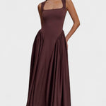 Sharon™ | Vestido midi em malha de esparguete - Castanho cacau - | Benedita Lisboa