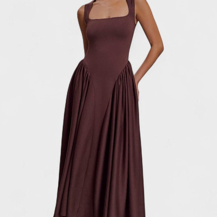 Sharon™ | Vestido midi em malha de esparguete - Castanho cacau - | Benedita Lisboa
