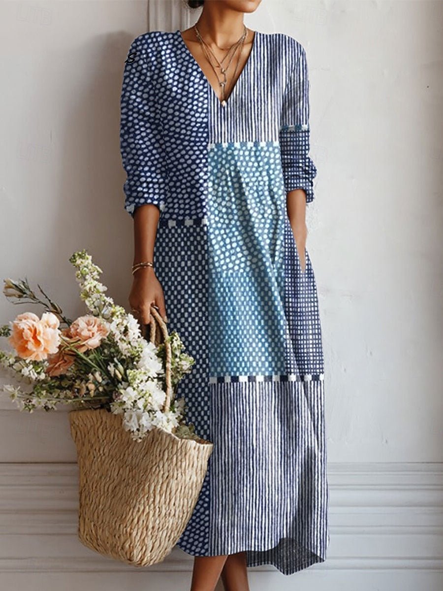 Sílvia™ | Vestido Boho Longo Azul de Retalhos - Vestido | Benedita Lisboa