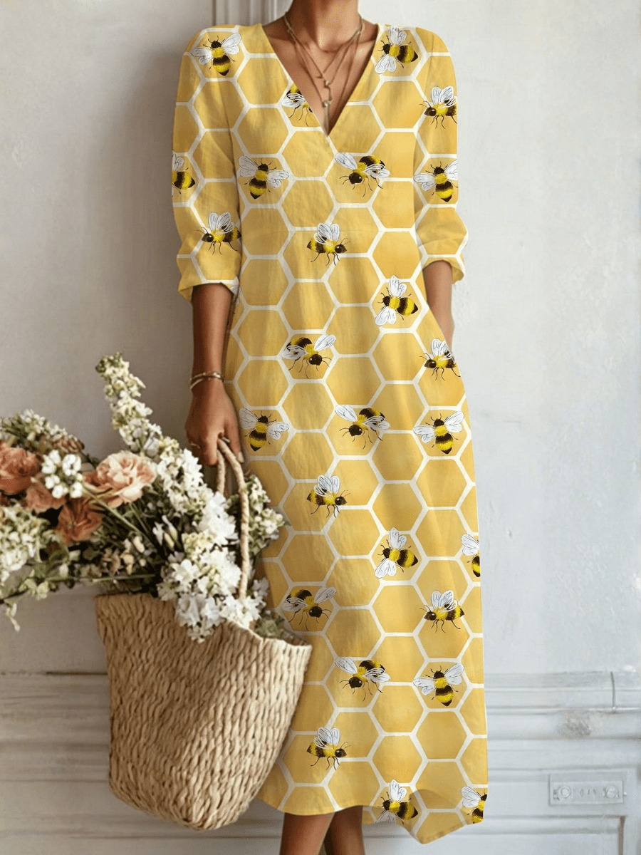 Susana™ | Vestido Boho Longo Amarelo com Abelhas - Vestido | Benedita Lisboa