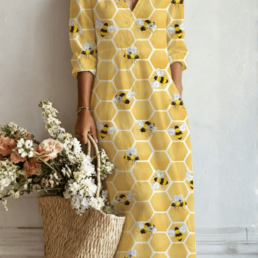 Susana™ | Vestido Boho Longo Amarelo com Abelhas - Vestido | Benedita Lisboa