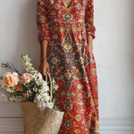 Tânia™ | Vestido Boho Longo Vermelho com Flores - Vestido | Benedita Lisboa