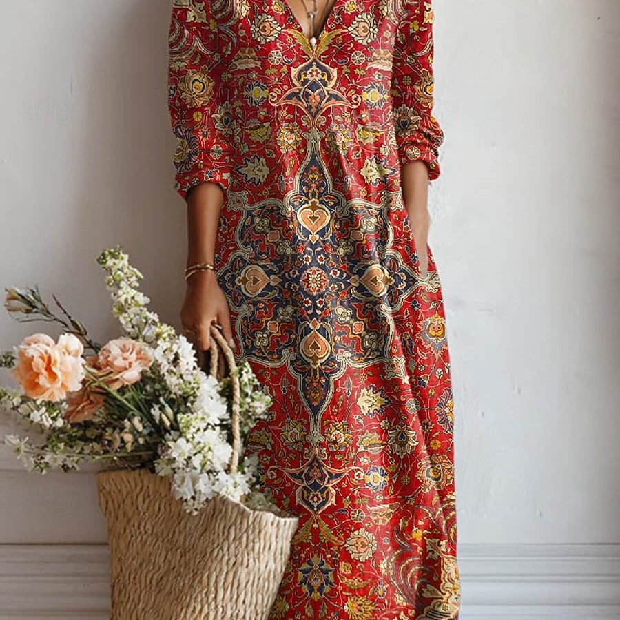 Tânia™ | Vestido Boho Longo Vermelho com Flores - Vestido | Benedita Lisboa