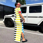 Tatiana™ | Vestido Maxi Riviera – Fenda Sensual e Listras Color Block - | Benedita Lisboa