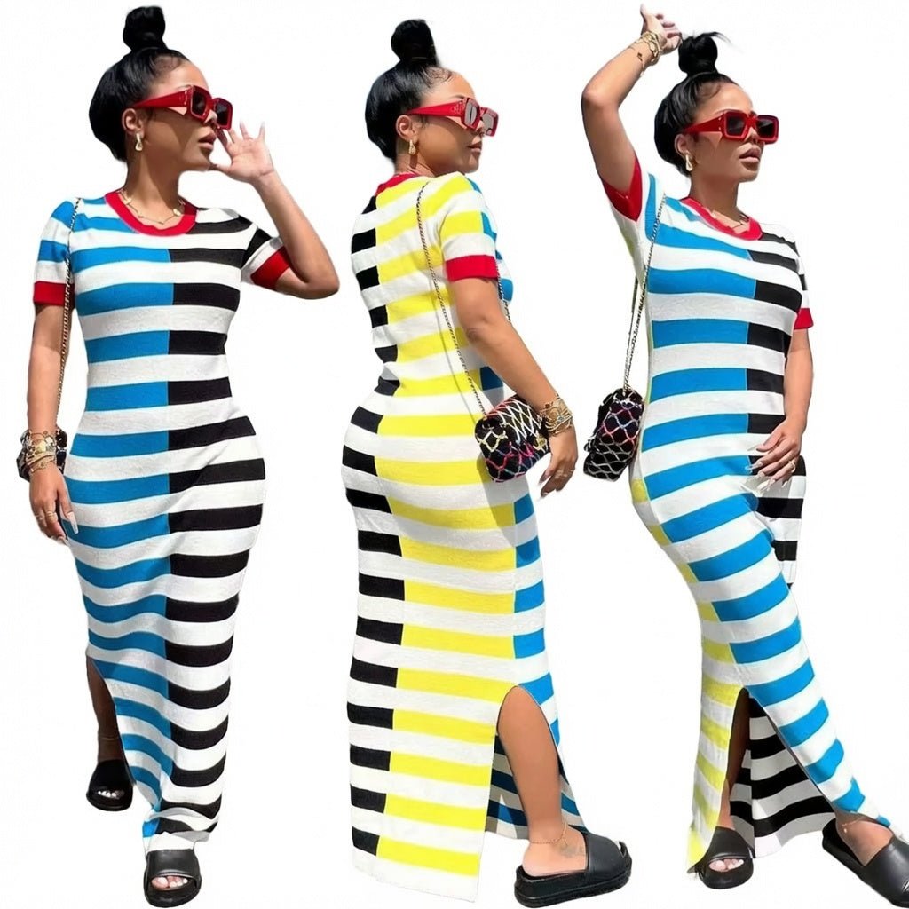 Tatiana™ | Vestido Maxi Riviera – Fenda Sensual e Listras Color Block - | Benedita Lisboa