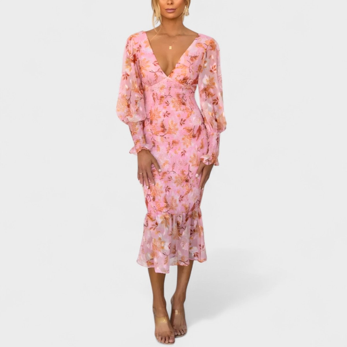 Valeria™ | Vestido Midi em Chiffon Floral - | Benedita Lisboa