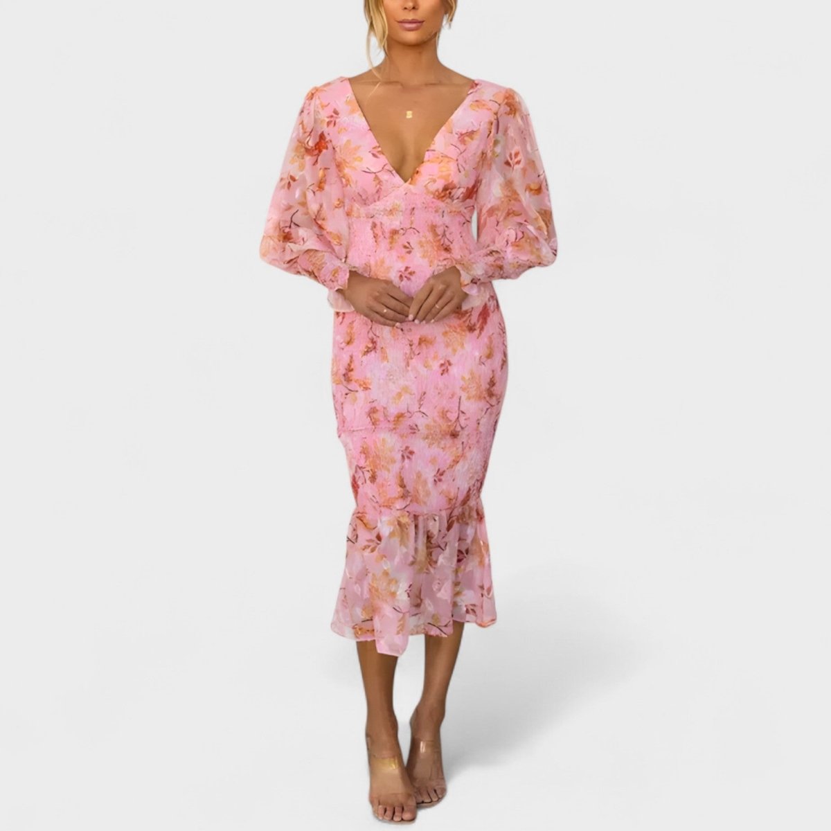 Valeria™ | Vestido Midi em Chiffon Floral - | Benedita Lisboa