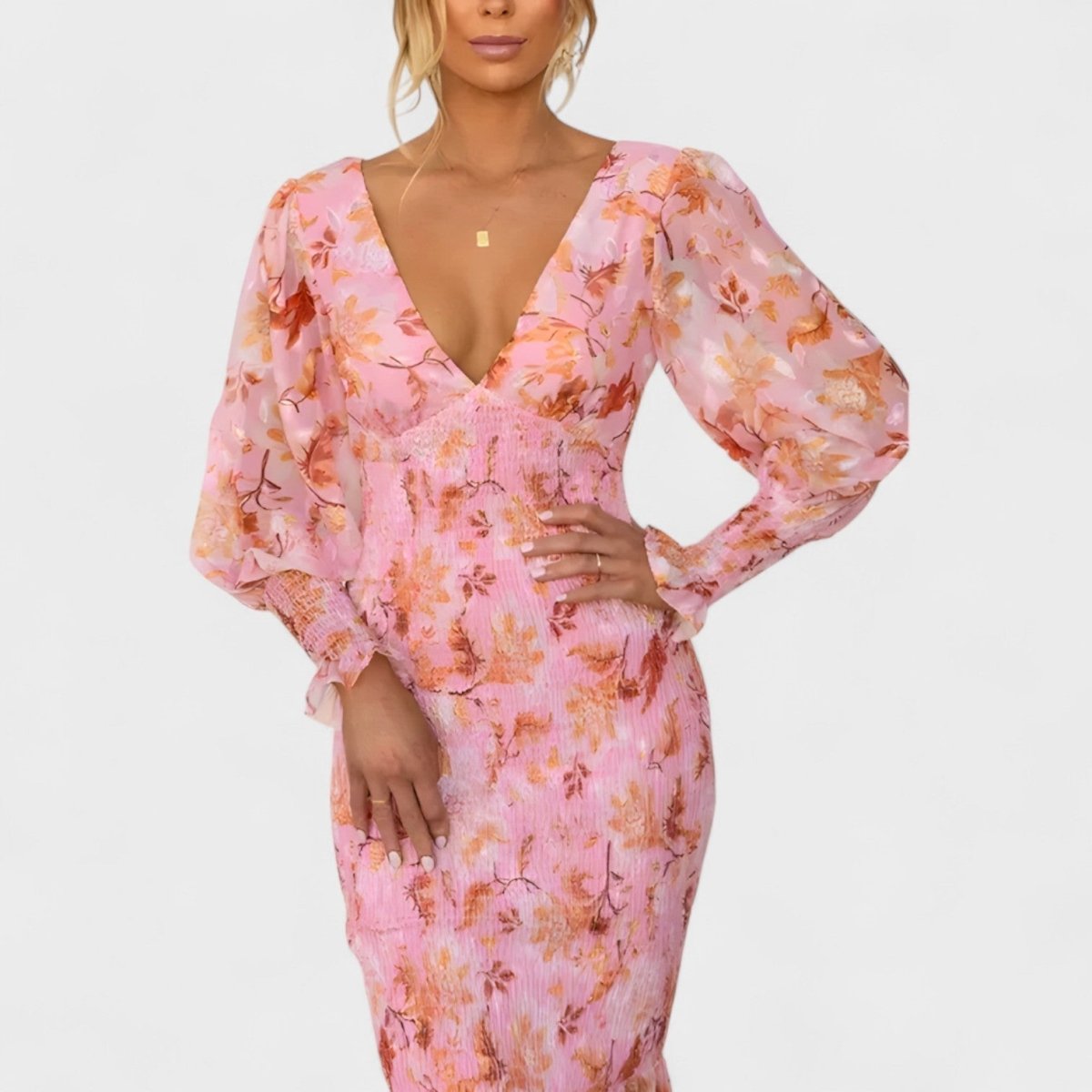 Valeria™ | Vestido Midi em Chiffon Floral - | Benedita Lisboa