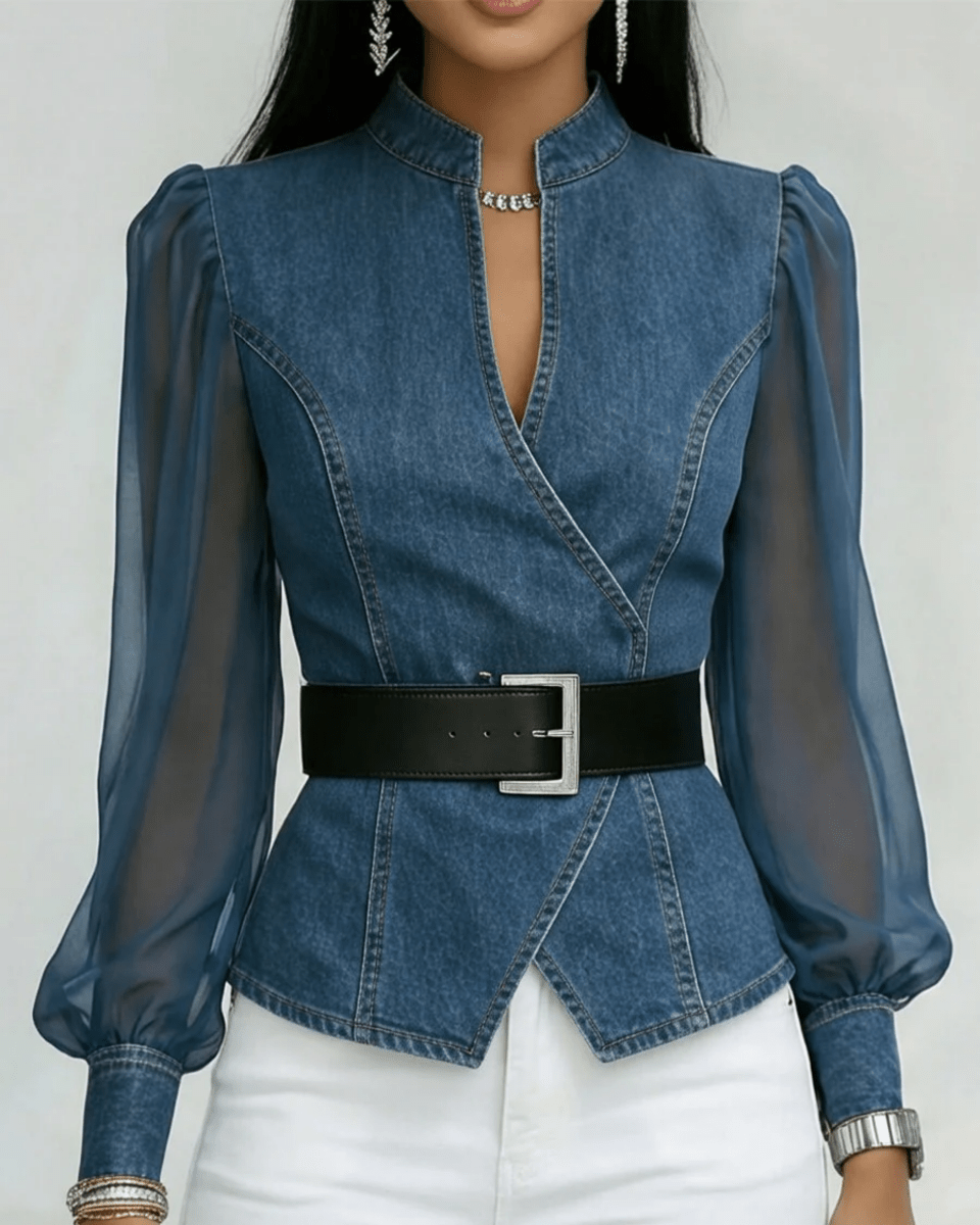 Vanessa™ | Top de Denim com Mangas de Chiffon - | Benedita Lisboa