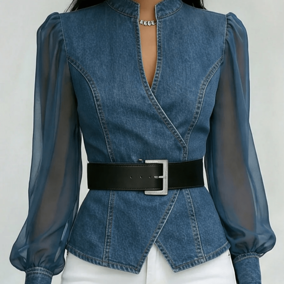 Vanessa™ | Top de Denim com Mangas de Chiffon - | Benedita Lisboa