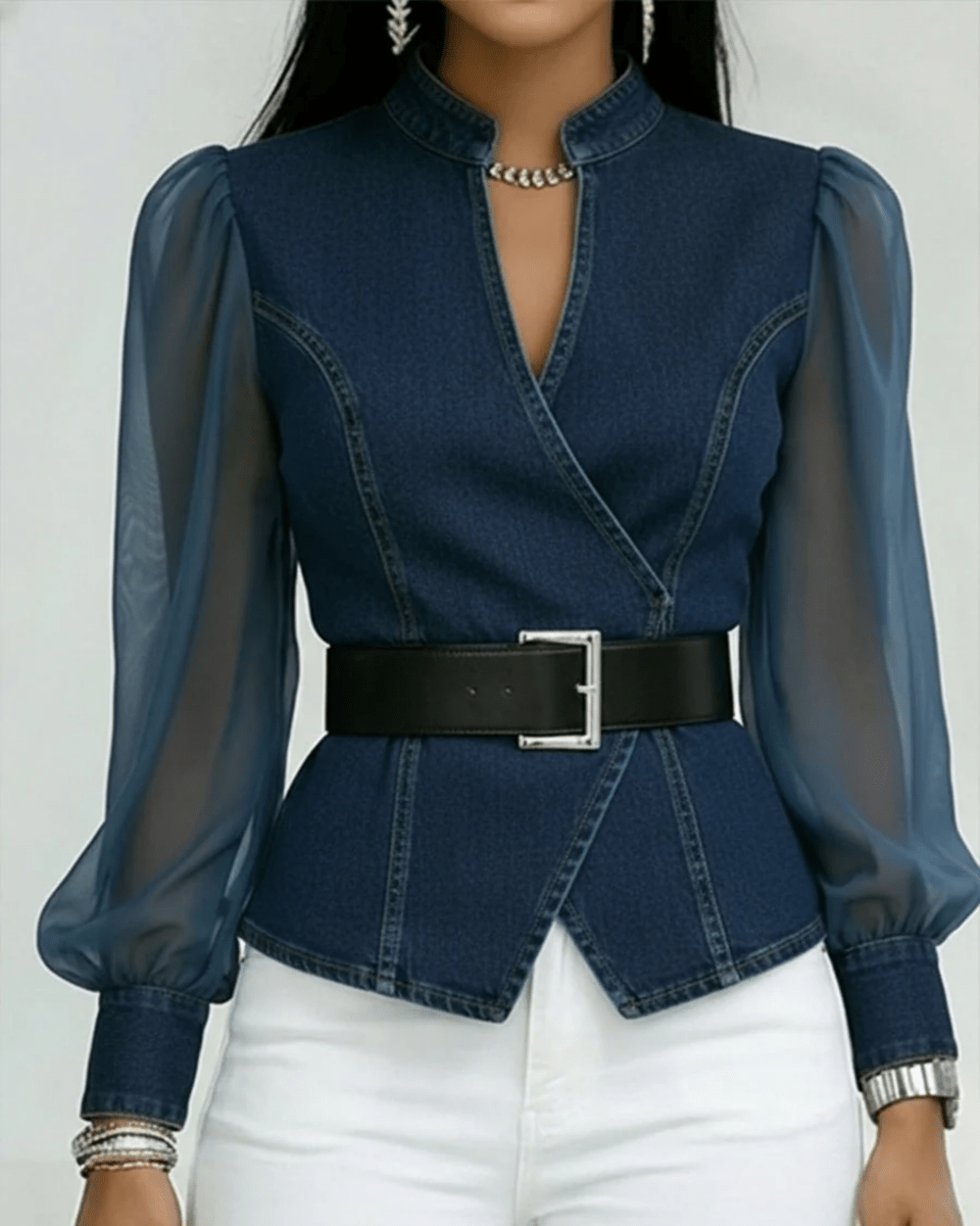 Vanessa™ | Top de Denim com Mangas de Chiffon - | Benedita Lisboa