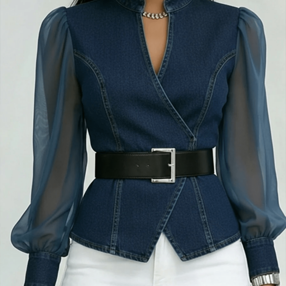Vanessa™ | Top de Denim com Mangas de Chiffon - | Benedita Lisboa