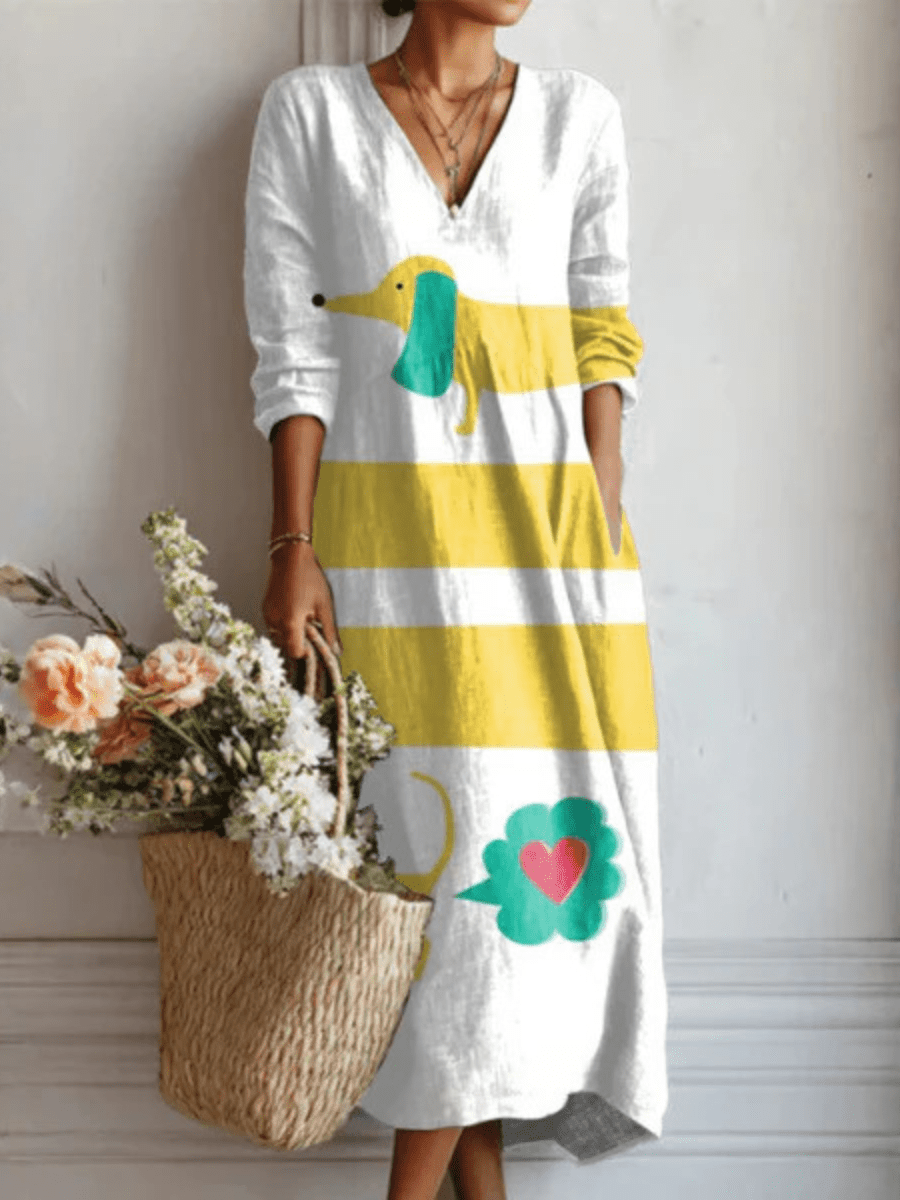 Vera™ | Vestido Boho Longo Branco com Riscas e Pássaro - Vestido | Benedita Lisboa