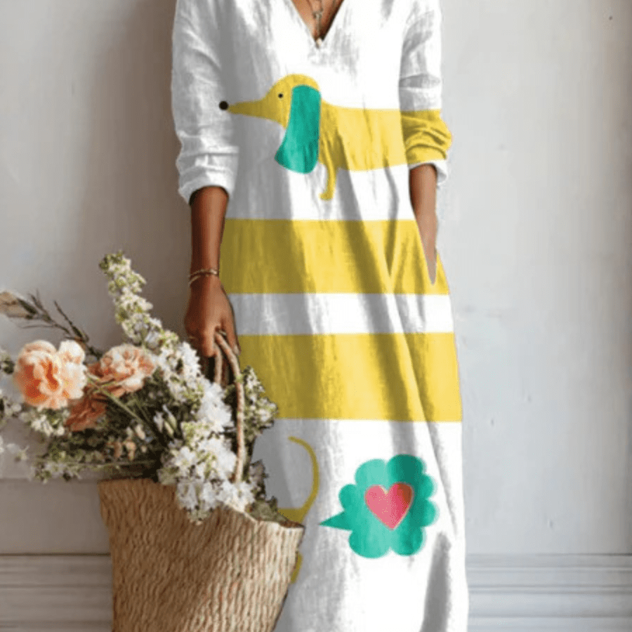 Vera™ | Vestido Boho Longo Branco com Riscas e Pássaro - Vestido | Benedita Lisboa
