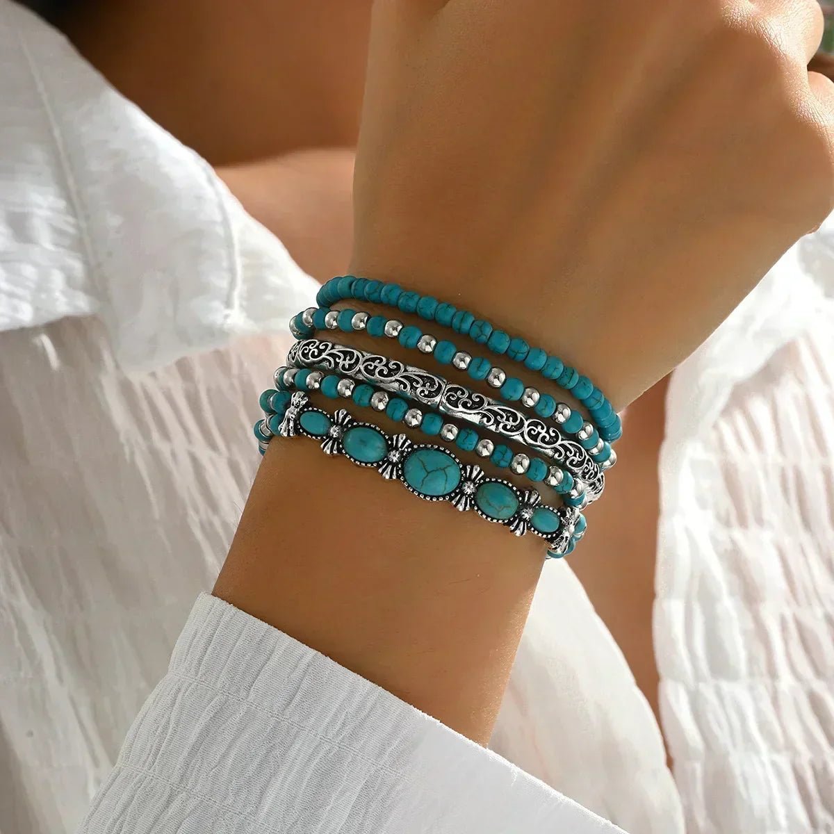 Verónica - Conjunto de Pulseiras com Contas Turquesa - | Benedita Lisboa