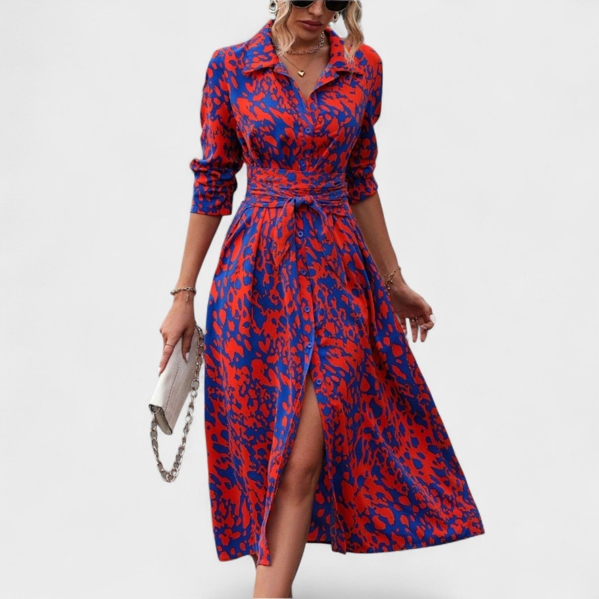 Vestido Bianca™ | Estilo Animal Print Azul e Vermelho - | Benedita Lisboa
