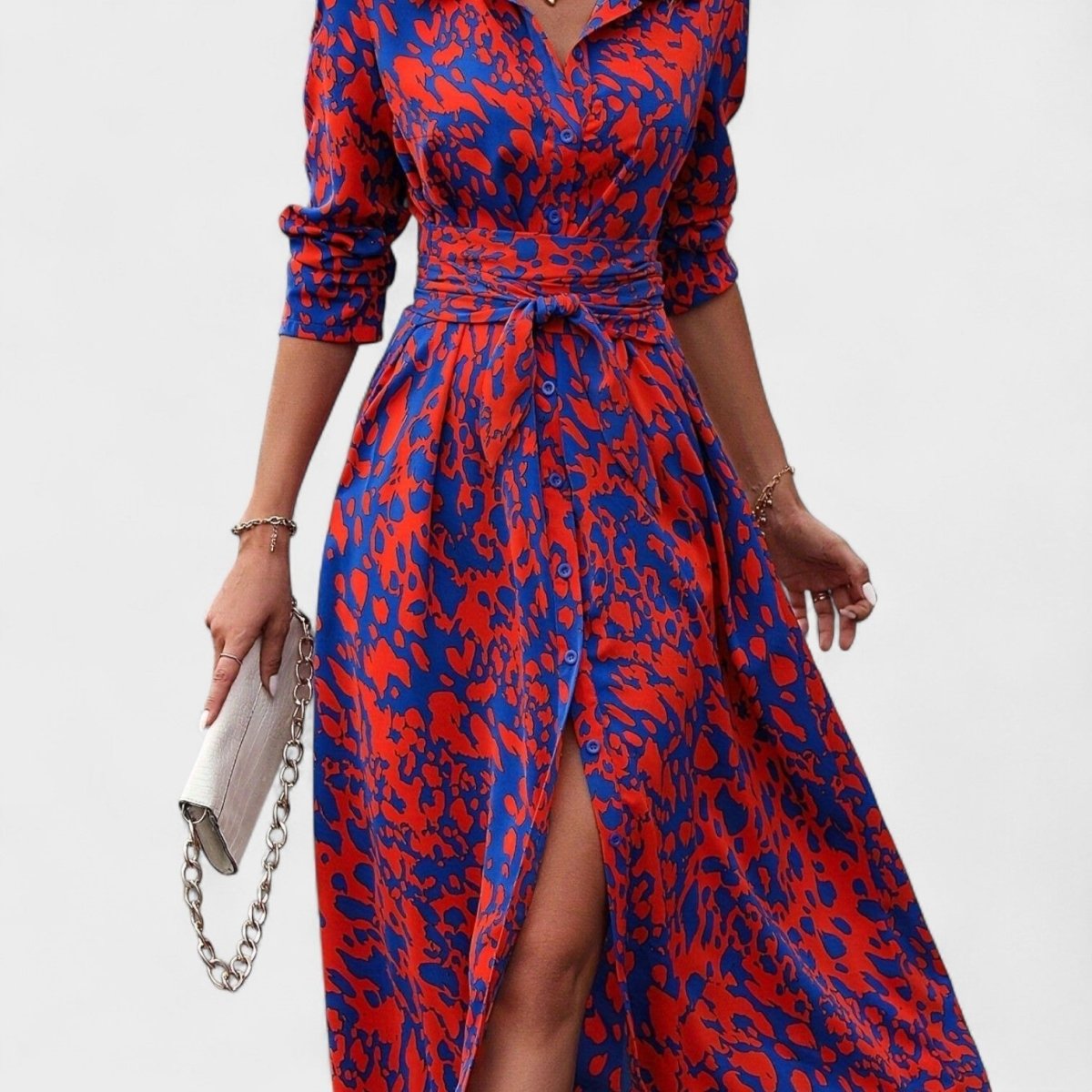 Vestido Bianca™ | Estilo Animal Print Azul e Vermelho - | Benedita Lisboa