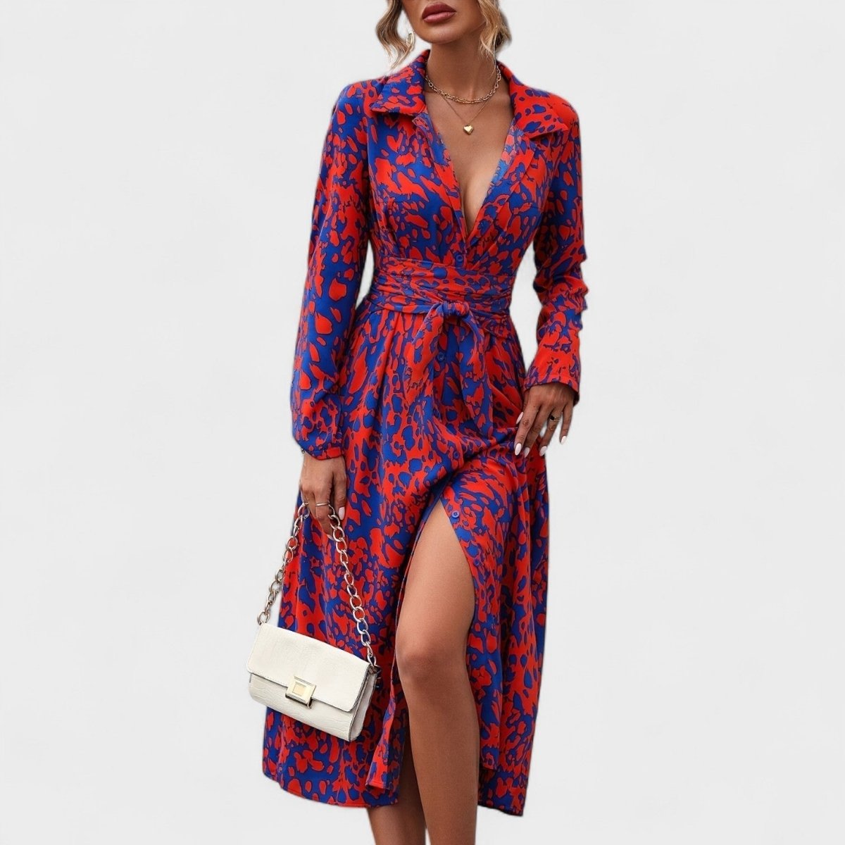 Vestido Bianca™ | Estilo Animal Print Azul e Vermelho - | Benedita Lisboa