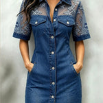 Vestido Camisa de Jeans com Renda e Malha para Mulheres - | Benedita Lisboa