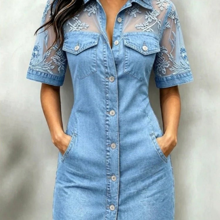 Vestido Camisa de Jeans com Renda e Malha para Mulheres - | Benedita Lisboa