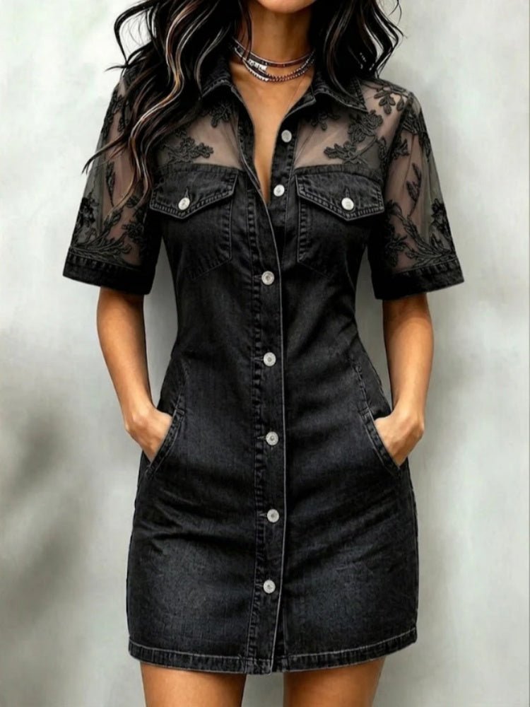 Vestido Camisa de Jeans com Renda e Malha para Mulheres - | Benedita Lisboa