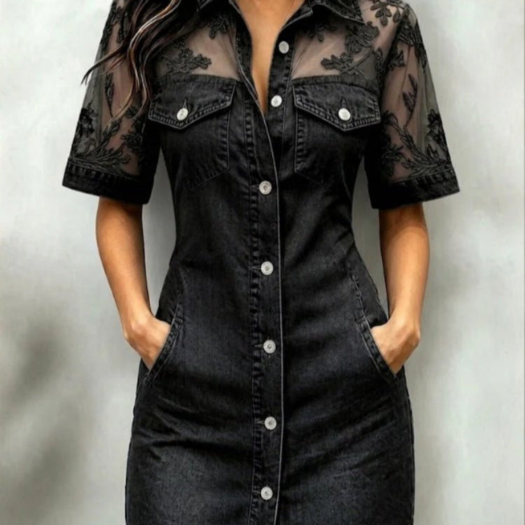 Vestido Camisa de Jeans com Renda e Malha para Mulheres - | Benedita Lisboa