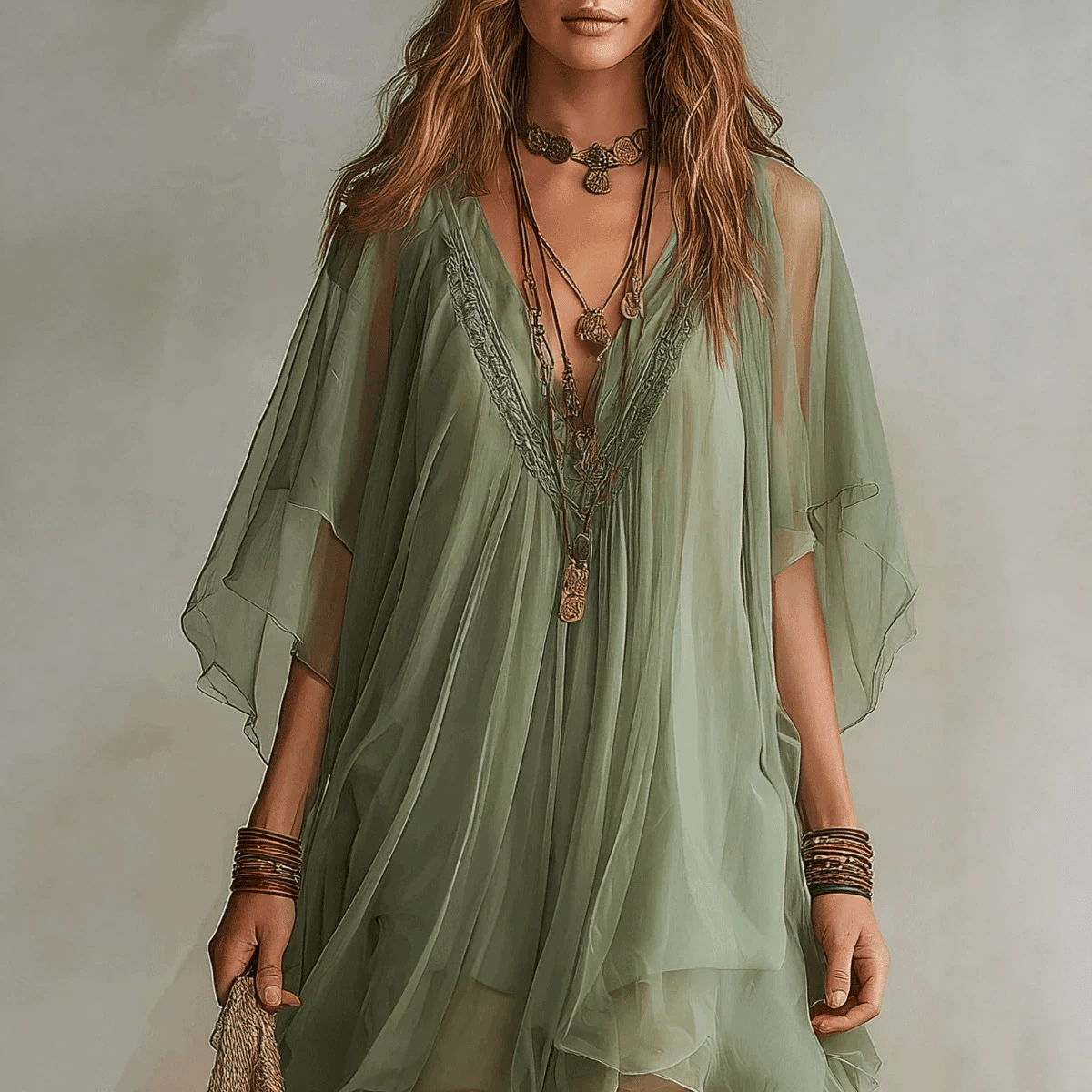 Vestido de praia em chiffon com decote em V - | Benedita Lisboa