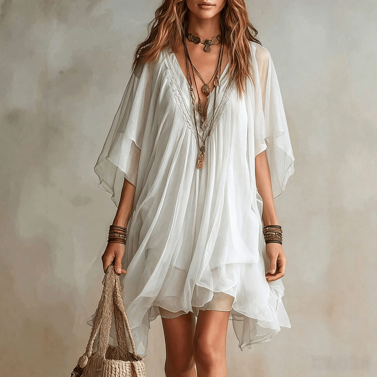 Vestido de praia em chiffon com decote em V - | Benedita Lisboa