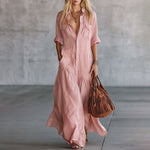 Vestido Maxi Casual de Camisa com Botões e Bolsos - | Benedita Lisboa