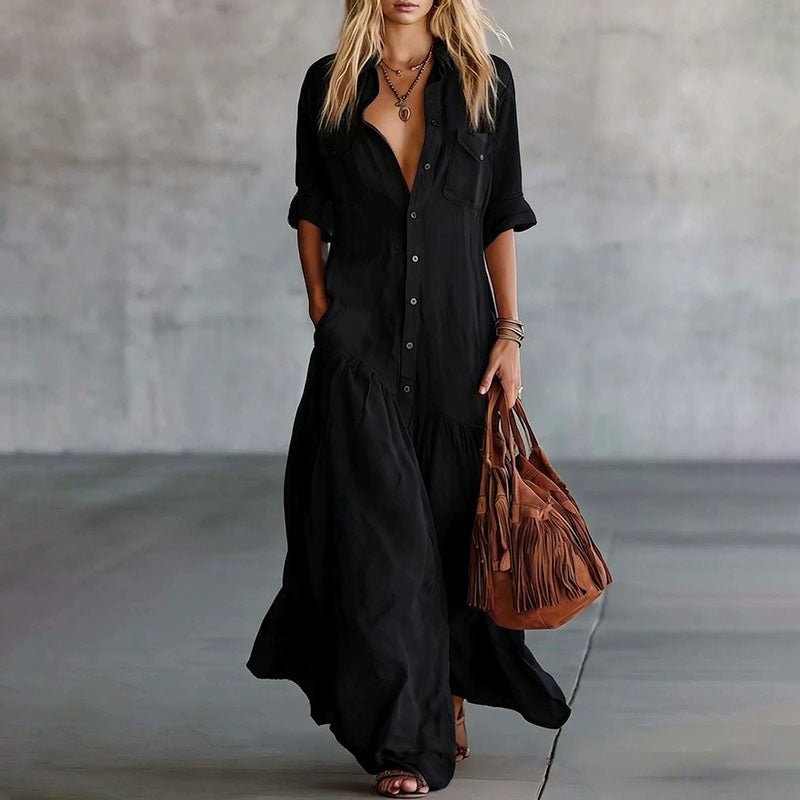 Vestido Maxi Casual de Camisa com Botões e Bolsos - | Benedita Lisboa