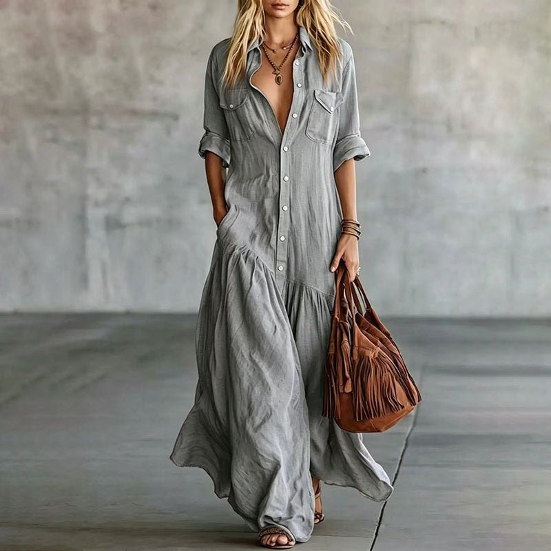 Vestido Maxi Casual de Camisa com Botões e Bolsos - | Benedita Lisboa